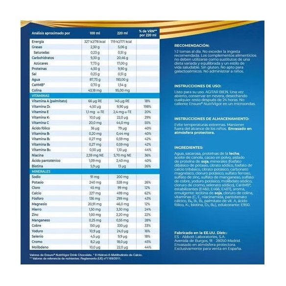 ENSURE NUTRIVIGOR  4 BOTELLAS 220 ML SABOR CHOCOLATE